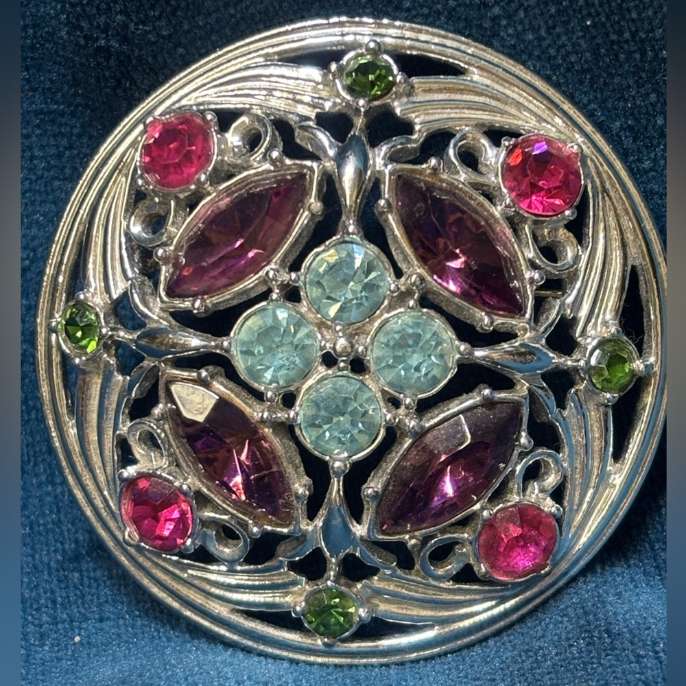 Vintage Sarah Coventry Rhinestone Brooch - Elegant Silver and Multicolor